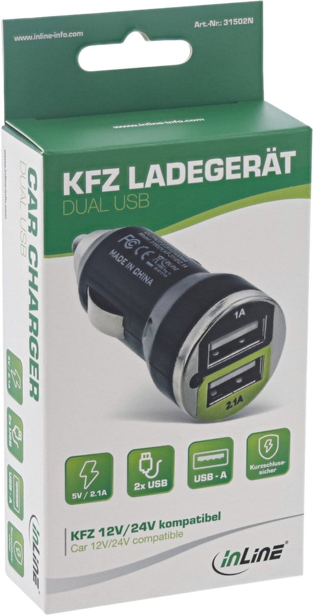 InLine dubbele USB autolader 2,1A