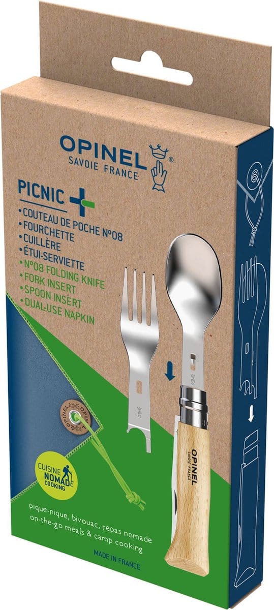 Opinel Picnic Plus reisbestek - 4-delig - RVS/beukenhout - zakmes