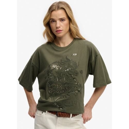 Superdry Tattoo Versierd Oversized T-shirt Green Grootte: 36