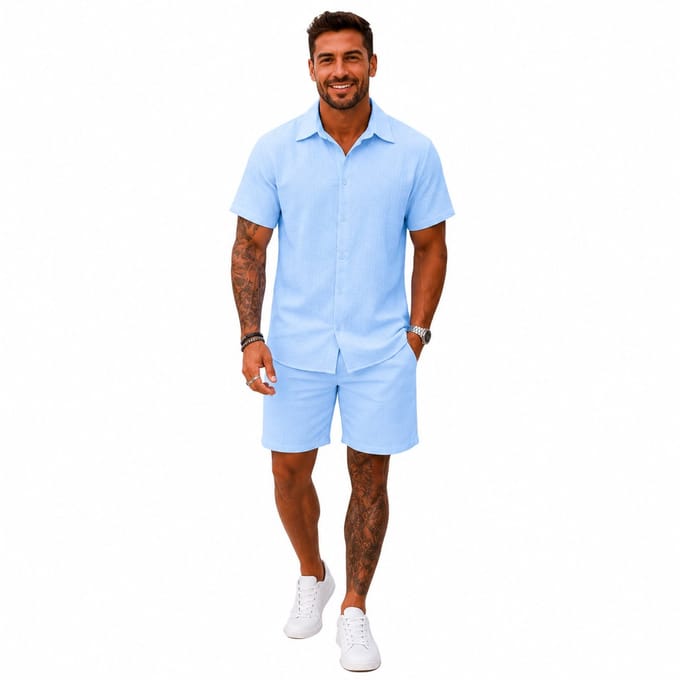 Zomer Set Design Heren - Blauw - Oversized Blouse - Korte Broek - Korte Mouwen