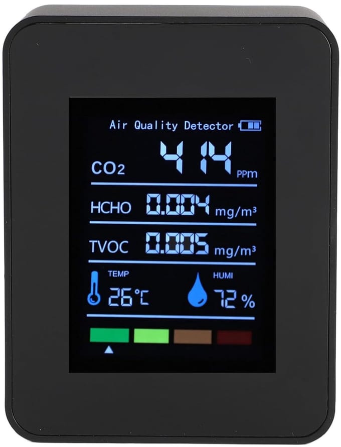 Luchtkwaliteitsmeter - CO2 meter - Binnenlucht controleren - 5 in 1 meting - 1200 mAh - Zwart