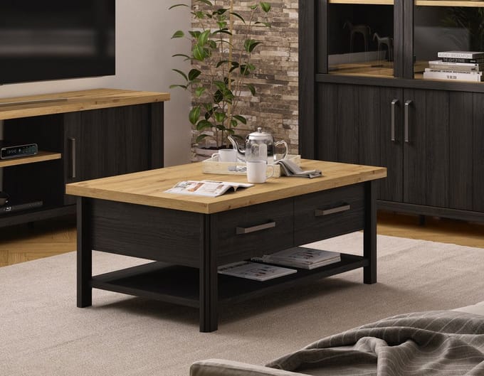 Gami - Salontafel Sequoia met 1 lade – zwart / eik artisan – 112 × 67 cm