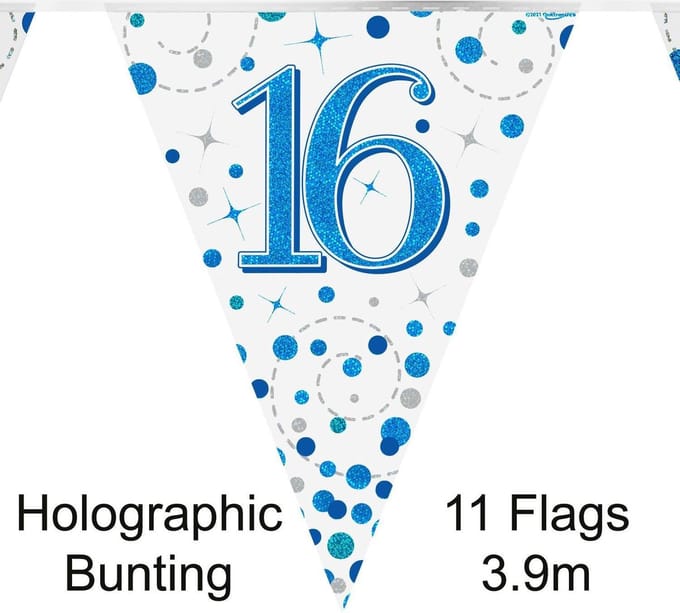 Oaktree - Vlaggenlijn Happy 16 Birthday Blue Holographic (4 meter)