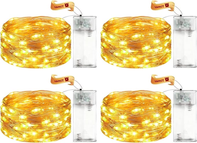 Pack van 4 LED Sfeerverlichting op Batterij met Timer - 3 m 30 LED Micro Koper Draad Lichten voor Binnen, Warm Witte Stringverlichting voor Bruiloften en Feestdagen