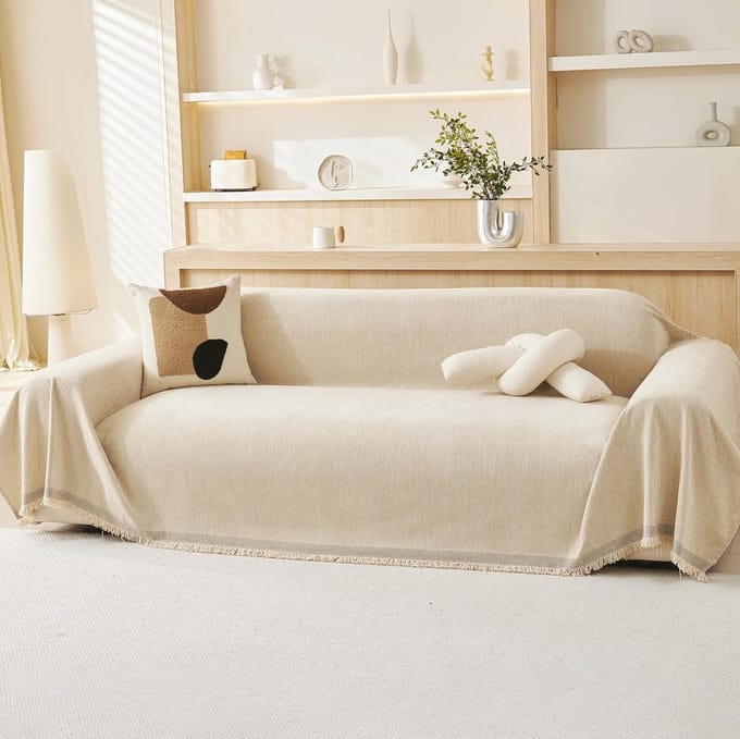 100% Chenille Natural Sofa Large Throw - Extra Large Luxury Soft Blanket for Couch, Chair, or Bed, Cream Beige - 180x230CM