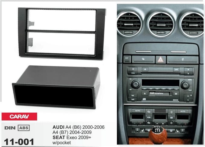 1-DIN SEAT Exeo 2009-2013 / AUDI A4 (B6) 2002-2006, A4 (B7) 2002-2007 w/pocket afdeklijst / installatiekit Audiovolt 11-001