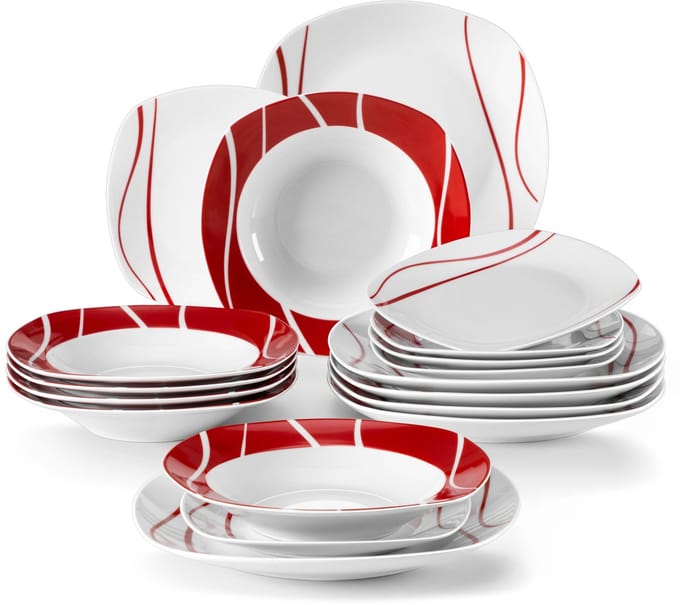 Serviesset - 6 Persoons Servies - Keramiek - Diner-, Soep- en Dessertborden - 18-delige Set - Wit - Rood