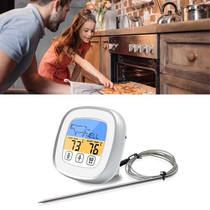 Digitale Timer Thermometer Touchscreen Roestvrijstalen Vleesthermometer voor Keuken BBQ Wit zwart