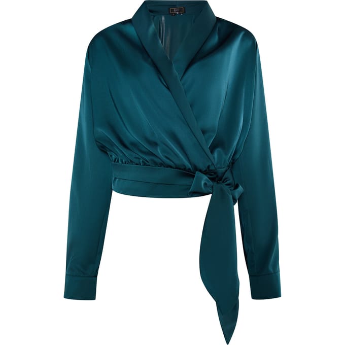 Faina Satijnen wikkelblouse Dames smaragd