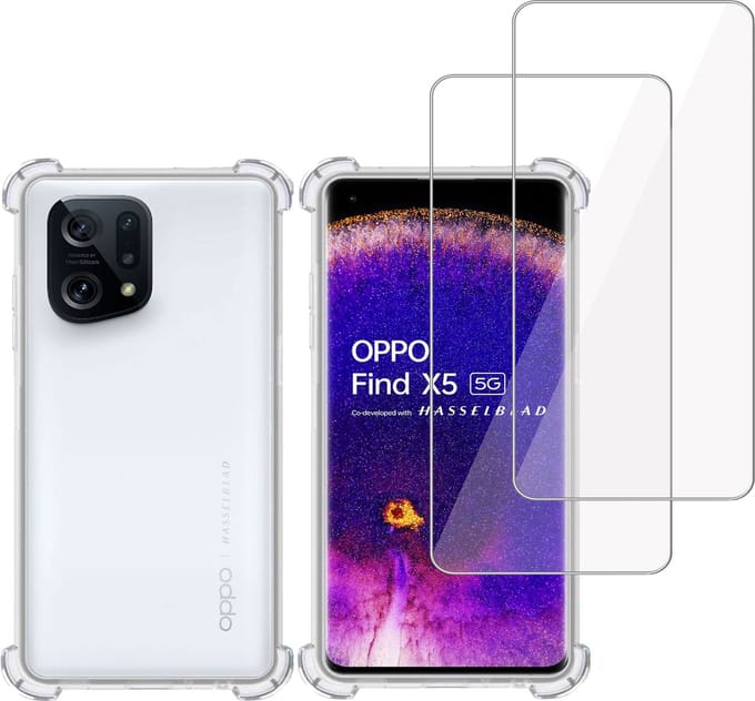 Hoesje + 2x Screenprotector geschikt voor OPPO Find X5 – Tempered Glass - Extreme Shock Case Transparant