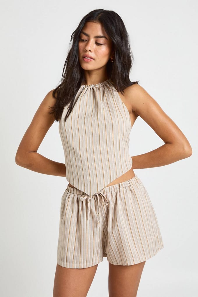 boohoo Dames Linnen-look Short Met Trekkoord In De Taille | Steen | Maat: 34