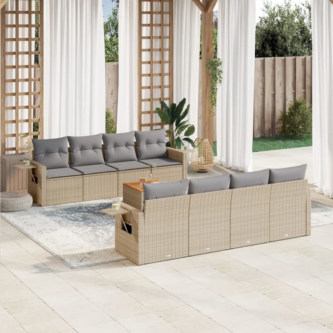 vidaXL - 9-delige - Loungeset - met - kussens - poly - rattan - beige