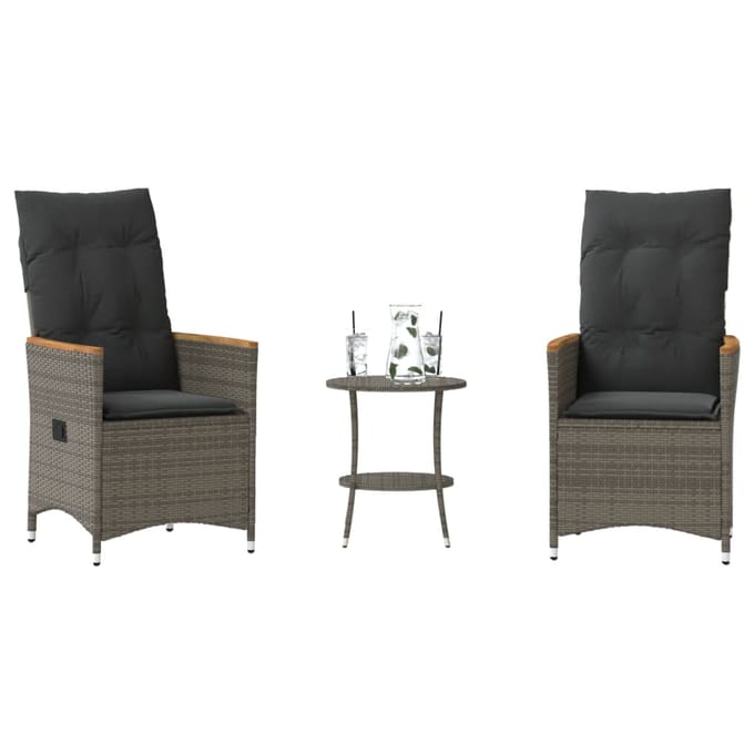 vidaXL - 3-delige - Bistroset - met - kussens - poly - rattan - grijs