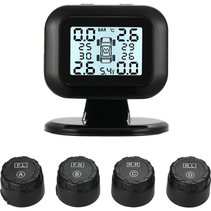TPMS bandenspanningscontrolesysteem Draadloos realtime LCD-scherm 4 externe sensoren Alarm zwart