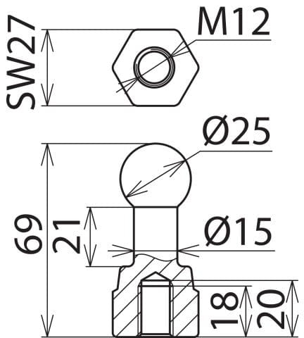 Dehn vaste kogelpen 25mm met M12 binnendraad - 755200