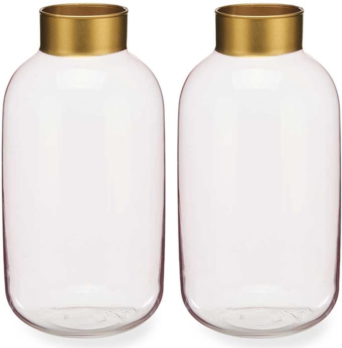Giftdecor - Bloemenvazen 2x stuks - Glas - roze transparant/goud - 14 x 30 cm