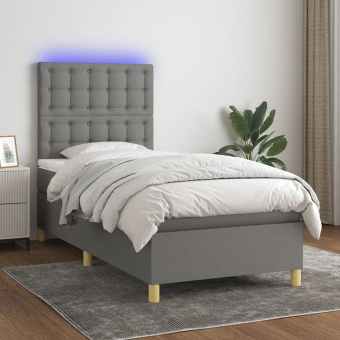 vidaXL - Boxspring - met - matras - en - LED - stof - donkergrijs - 90x190 - cm