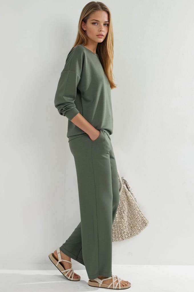 Modal Touch Ronde Hals Sweatshirt & Wijde Pantalon Twee-Stuks Set