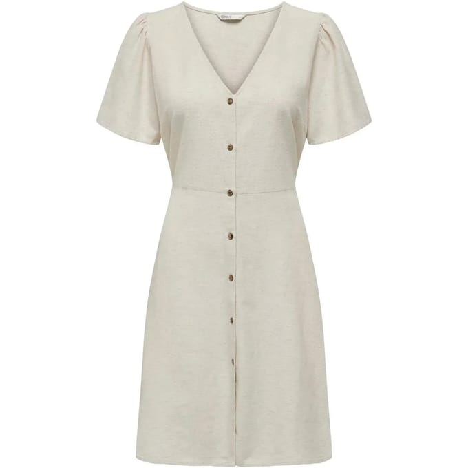 Only beige dames jurk   V-hals   Regular fit   Structuur patroon   Knoopsluiting   Duurzaam   Korte mouw Beige M