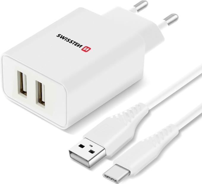 Swissten 2.1A Dual Port Travel Charger (10.5W) - 22053000 + Type-C USB Cable - White