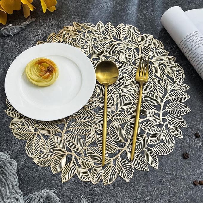 Set de 6 sets de table ronds 15 pouces Feuille d'or Antidérapants Lavables Sets de table pour DînerFêteMariage Accent de Centre de Table pour la Maison 38cm&Round gray