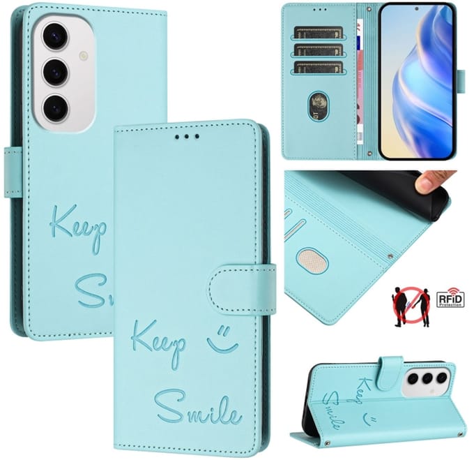 Voor Samsung Galaxy S24 FE 5G Smile Embossing RFID leren telefoonhoesje (mintgroen)