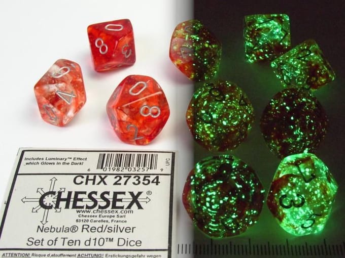 Chessex Nebula rood/zilver Luminary D10 Dobbelsteen Set (10 stuks)