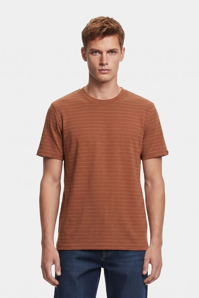 No Excess T-shirt Crewneck Yarn Dyed Pin Stripe Caramel Maat: S | Basic T-Shirts Outlet | Heren | Bruin