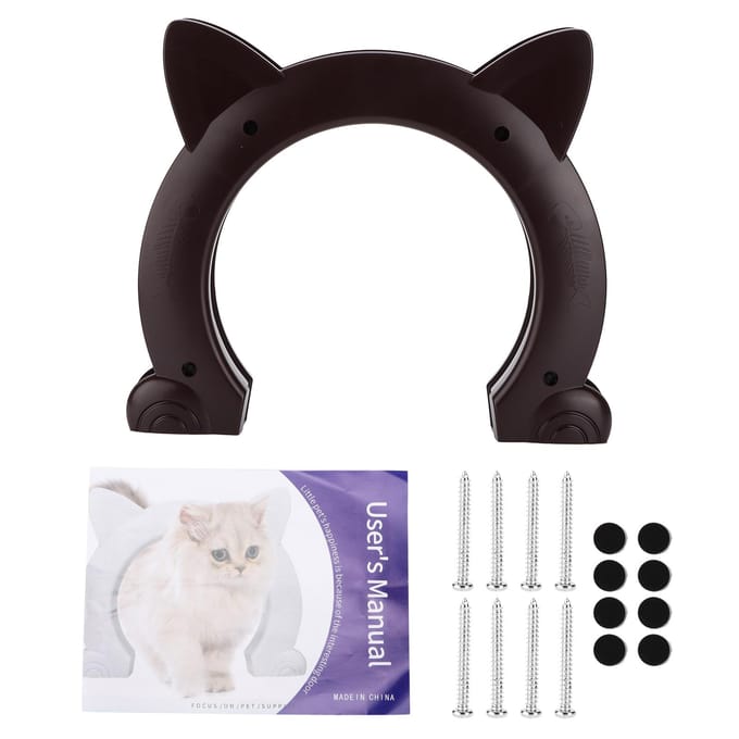 Kattendeur Binnen Kattenhoofdvormige Plastic Kat Doorgang Deur met Visgraatpatroon(Zwart ) bruin