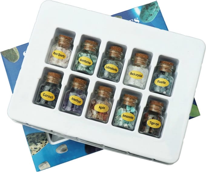 Kristallen en Edelstenen in Potjes - Mix van 10 Soorten - Geschenkdoos