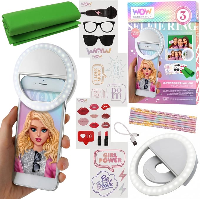 WOW Generation Selfieset voor kinderen, ringlamp met accessoires, fotodoek
