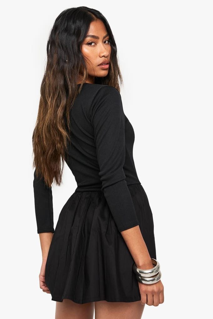 boohoo Dames Jersey Rib Cotton Mix Langarm Mini Jurk | Black | Maat: 8