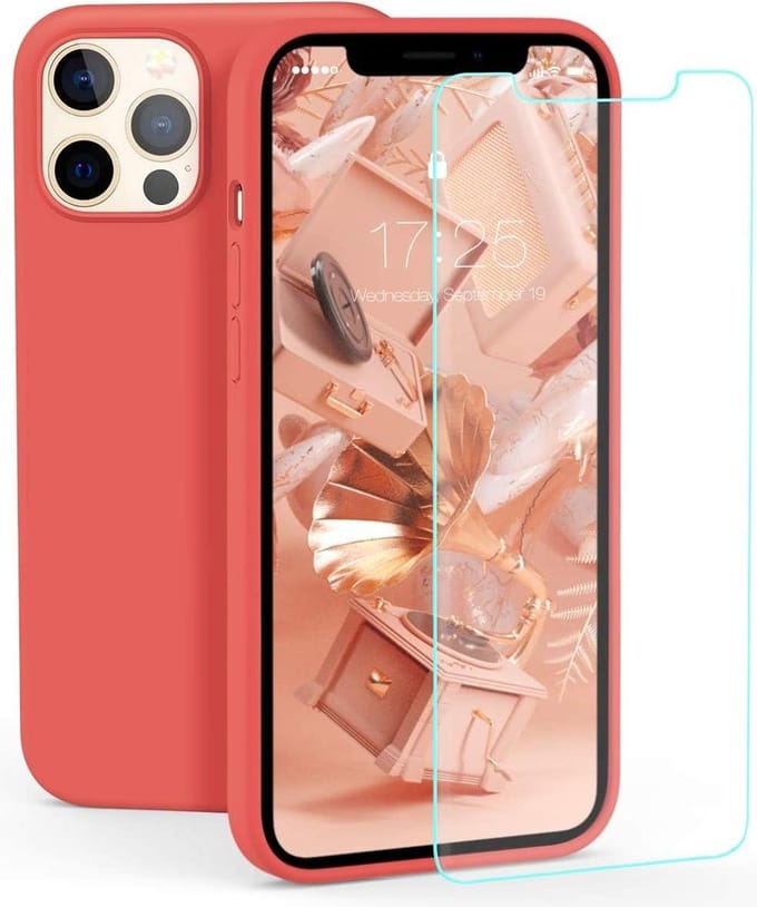 Solid hoesje Geschikt voor: iPhone 12 Soft Touch Liquid Silicone Flexible TPU Rubber - Rood  + 1X Screenprotector Tempered Glass