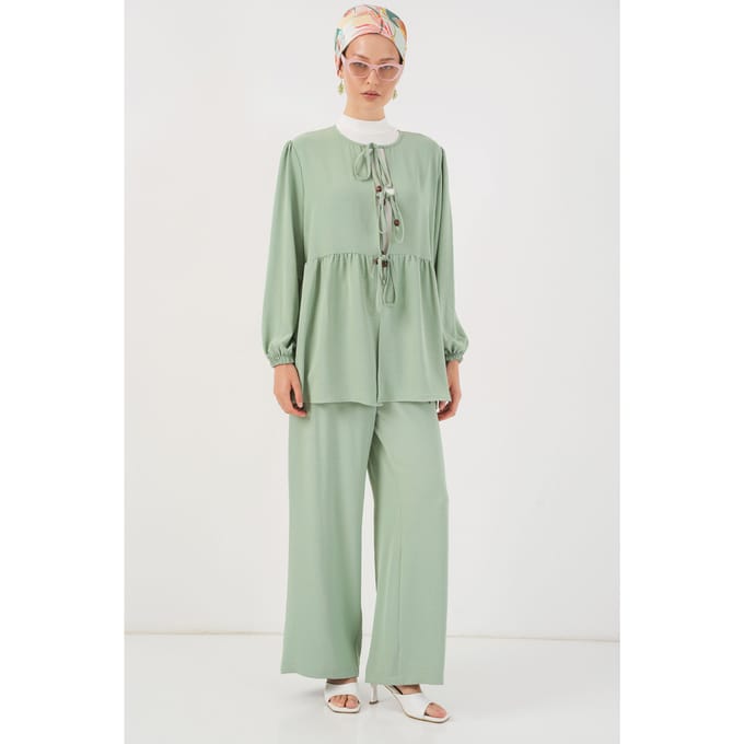 Ronde Hals Lange Tuniek en Wijde Pantalon Set