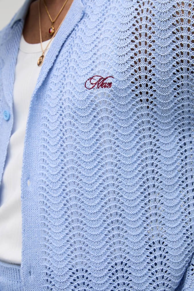 HEREN Oversized Boxy Geborduurd Golvend Gehaakt en Gebreid Overhemd | Light Blue | Size Medium