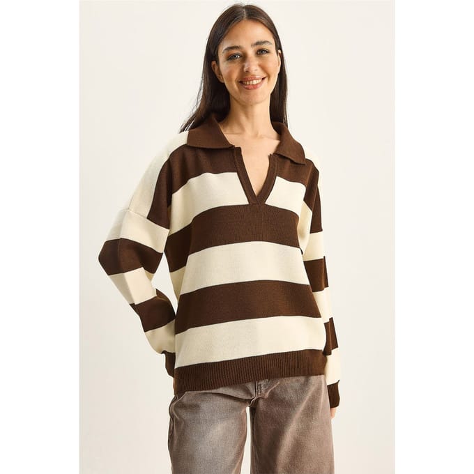 Gestreepte V-hals Lange Mouwen Pullover Trui