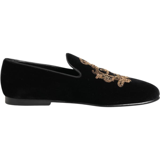 Dolce & Gabbana Zwarte Fluwelen Gouden Kroon Heren Instappers