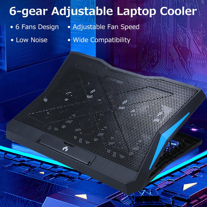 Opvouwbare laptopkoeler 6-ventilatoren Laptopkoelstandaard Laag geluidsniveau met 6-standen verstelbare hoogte Dubbele USB zwart
