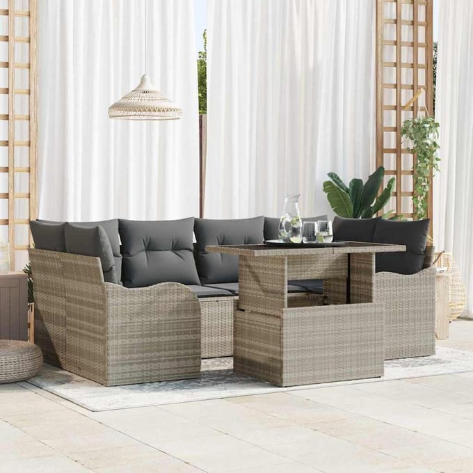 vidaXL - Tuinbank - Set - 7 - st - 6-zits - Lichtgrijs - [Synthetisch]: - Poly - Riet