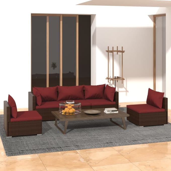 vidaXL - 5-delige - Loungeset - met - kussens - poly - rattan - bruin