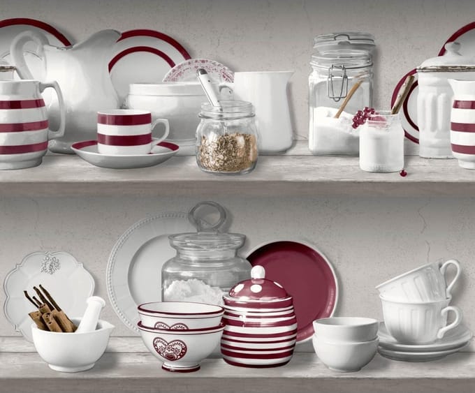 Horizons border planken/servies grs/rd (keuken vliesbehang, multicolor)