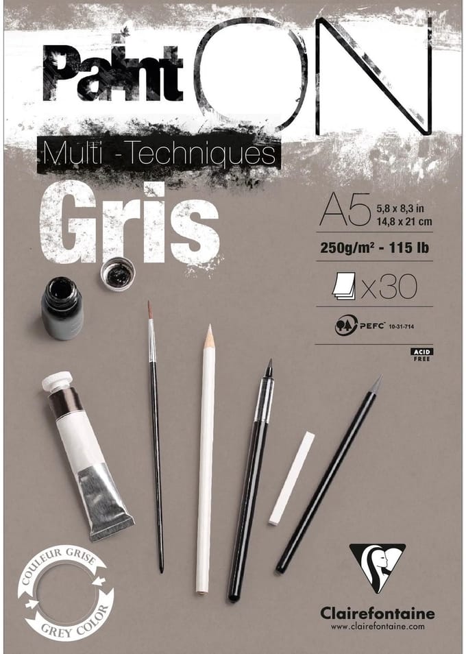 Clairefontaine - Paint ON - Multi-Techniek Pad - Tekenpapier - Schilderpapier - Grijs - A5 - 250 g - 30 vel