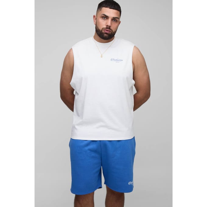 Plus Regular Fit Drop Armhole Landscape Print Tank & Relaxed Short Set | White | Size 2XL