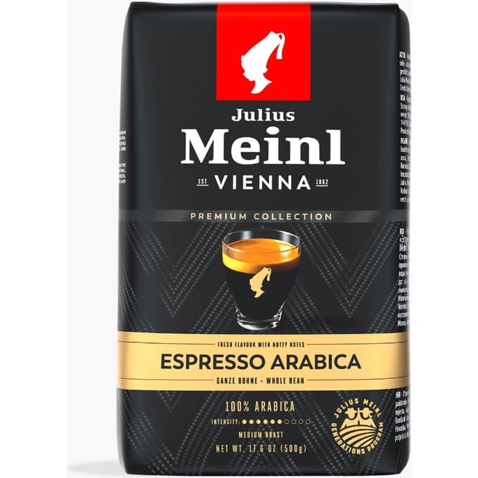 Julius Meinl Premium Espresso Arabica 500 g | Hele bonen | Brazilië, Midden-Amerika | 100% Arabica koffie voor fluweelzachte Weense genietmomenten