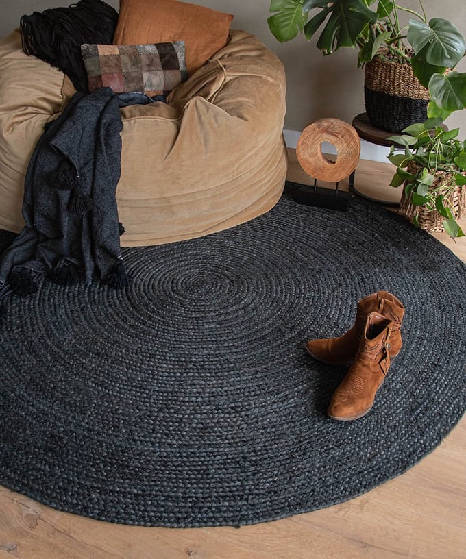 Jute vloerkleed rond - Pure zwart 190