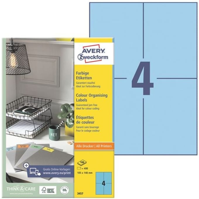 Avery Gekleurde Etiketten, blauw, 105,0 x 148,0 mm, permanent klevend