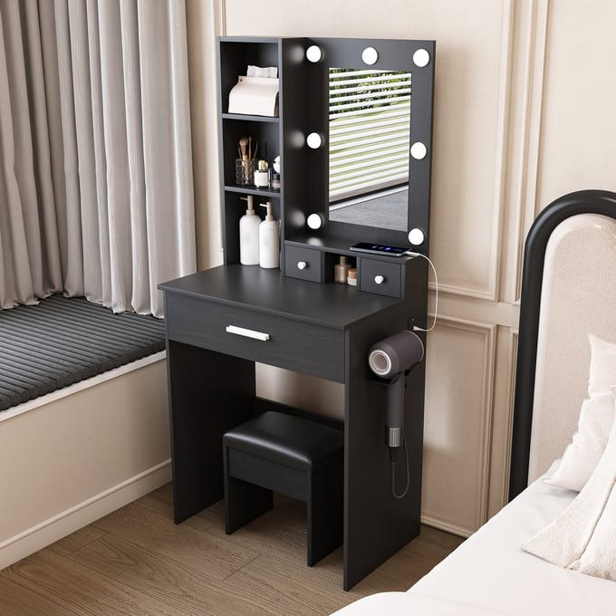 REDOM Kaptafel - Spiegel met Verstelbare Ledverlichting en Stopcontact - Modern - MDF - Zwart