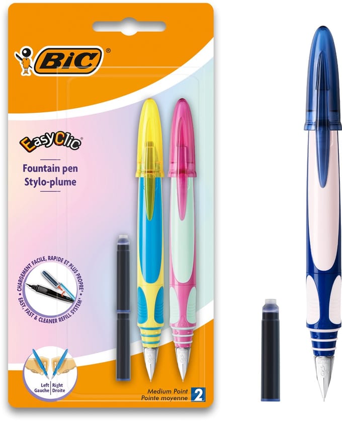BIC EasyClic Vulpen Schoolpen - Blauwe pen met 2 Navullingen - Ergonomische grip - 2 stuks