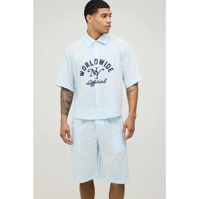 Overgeverfd Seersucker Bedrukt Oversized Boxy Shirt & Longline Baggy Short Set | Light Blue | Size Medium