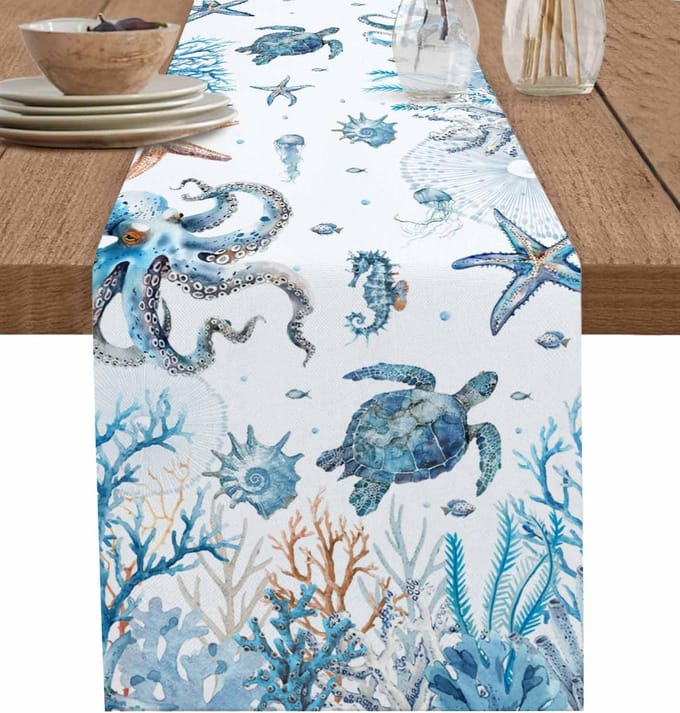 Chemin de table en lin Tortue Corail Étoile de mer Náutique Côtier Écharpes de commode Décor de table Chemin de table de cuisine Rustique Décor de fête 150x33cm